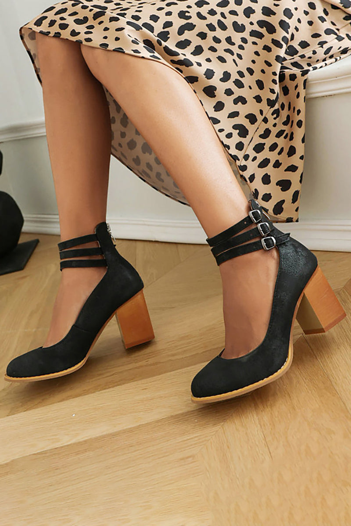 Remi | Women's Leather Block Heel Ankle Strap Pumps