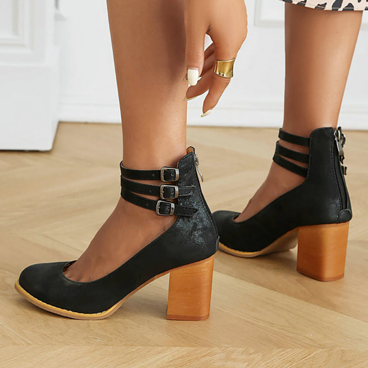 Remi | Women's Leather Block Heel Ankle Strap Pumps