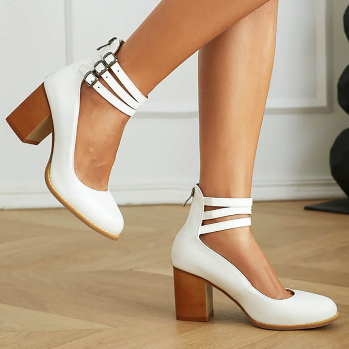 Remi | Women's Leather Block Heel Ankle Strap Pumps