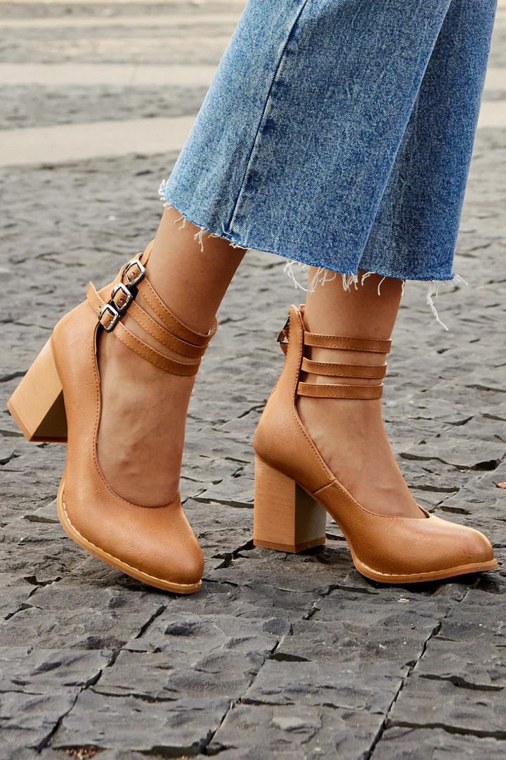 Remi | Women's Leather Block Heel Ankle Strap Pumps