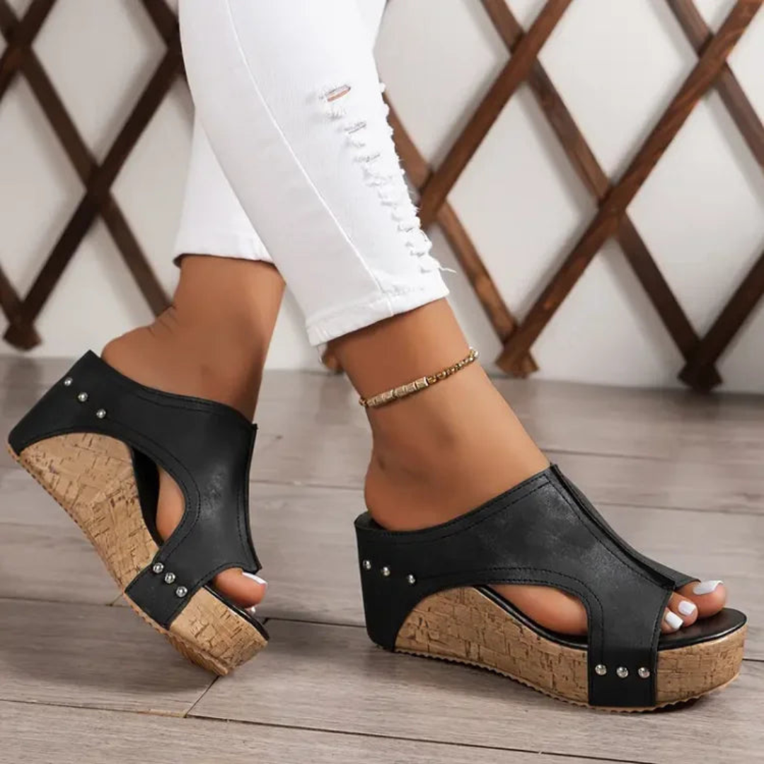 Romy | Women's Leather Studded Cork Platform Wedge Mule Sandals