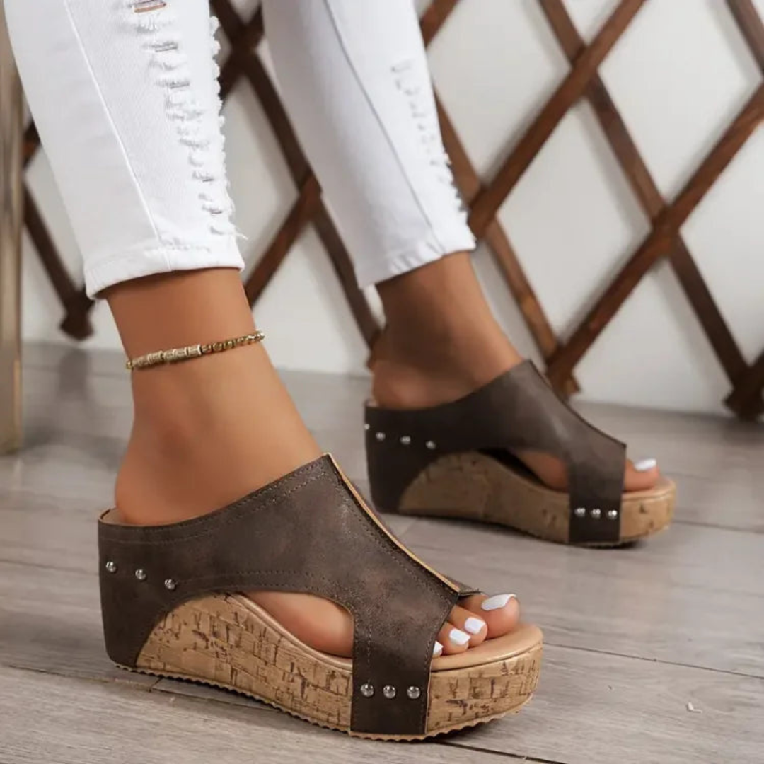 Romy | Women's Leather Studded Cork Platform Wedge Mule Sandals