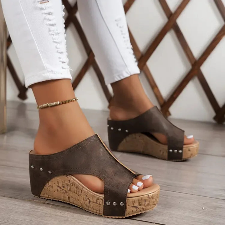 Romy | Women's Leather Studded Cork Platform Wedge Mule Sandals