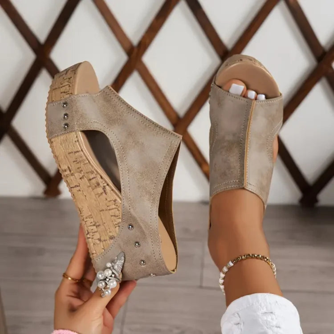 Romy | Women's Leather Studded Cork Platform Wedge Mule Sandals