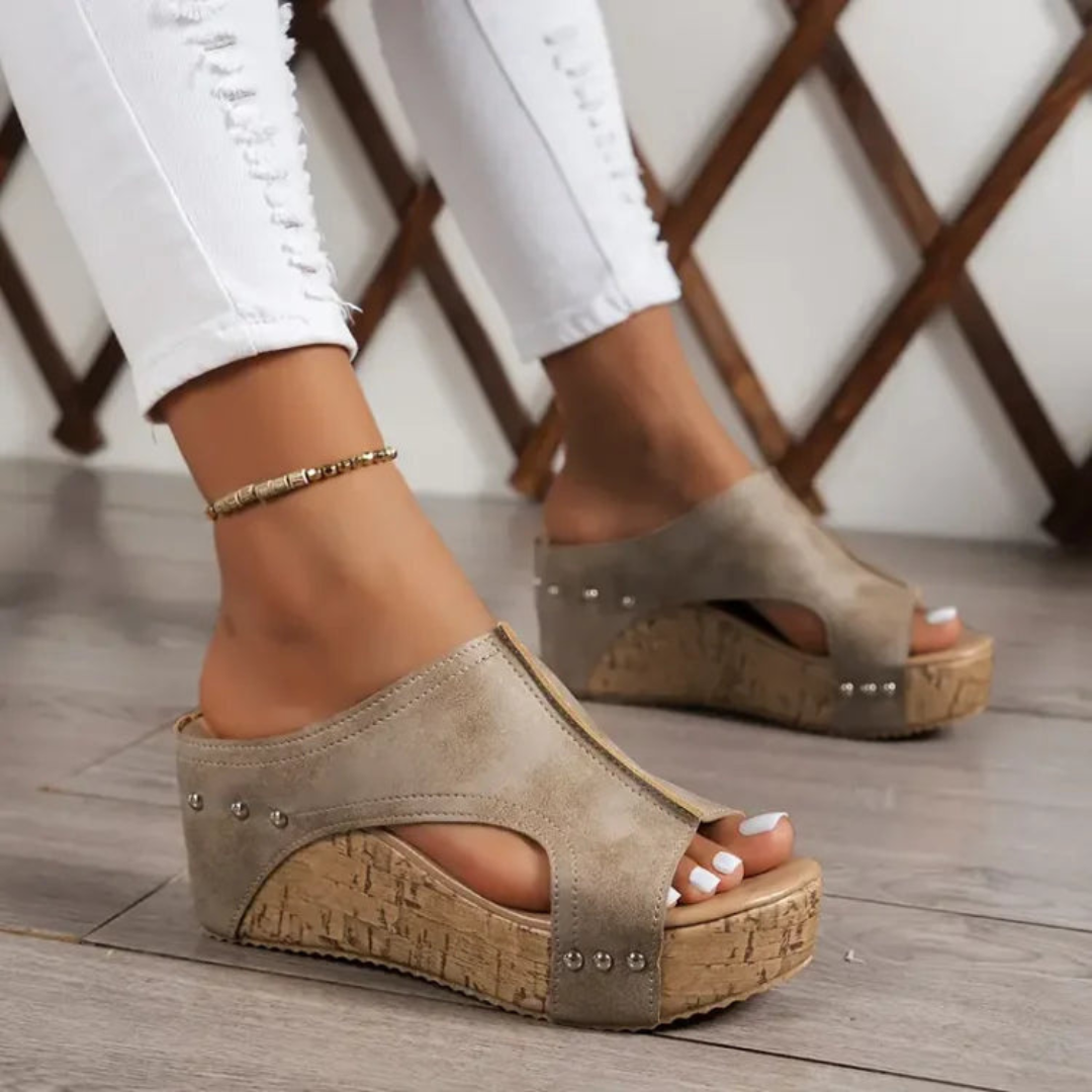 Romy | Women's Leather Studded Cork Platform Wedge Mule Sandals