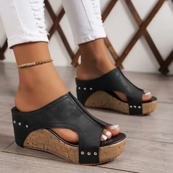 Romy | Women's Leather Studded Cork Wedge Mule Sandals
