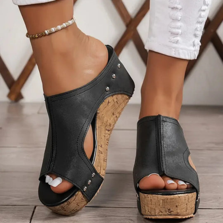 Romy | Women's Leather Studded Cork Wedge Mule Sandals