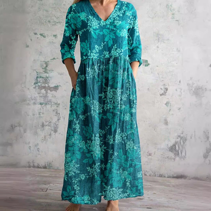Rosalie | Women's Cotton Floral V-Neck Relaxed Pocket Maxi Dress