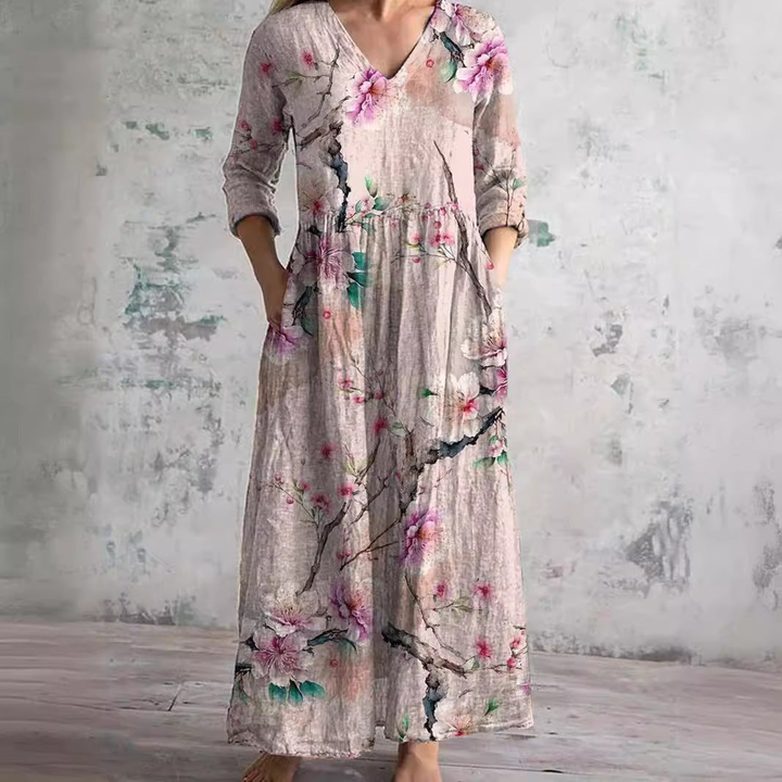 Rosalie | Women's Cotton Floral V-Neck Relaxed Pocket Maxi Dress