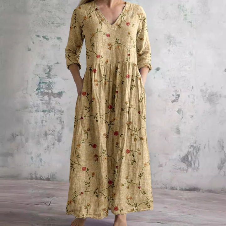 Rosalie | Women's Cotton Floral V-Neck Relaxed Pocket Maxi Dress