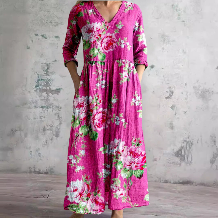 Rosalie | Women's Cotton Floral V-Neck Relaxed Pocket Maxi Dress