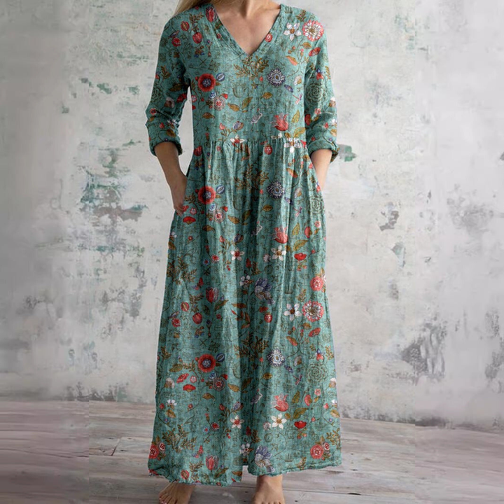 Rosalie | Women's Cotton Floral V-Neck Relaxed Pocket Maxi Dress