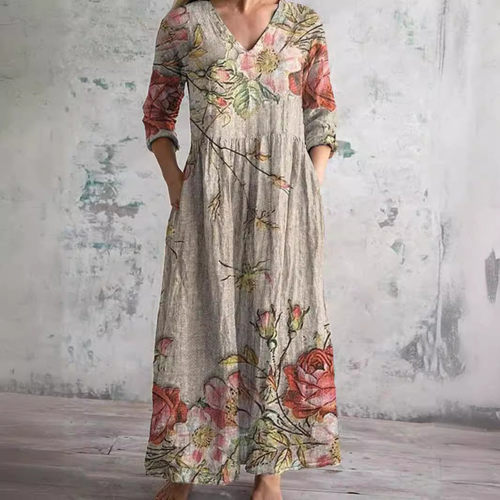 Rosalie | Women's Cotton Floral V-Neck Relaxed Pocket Maxi Dress