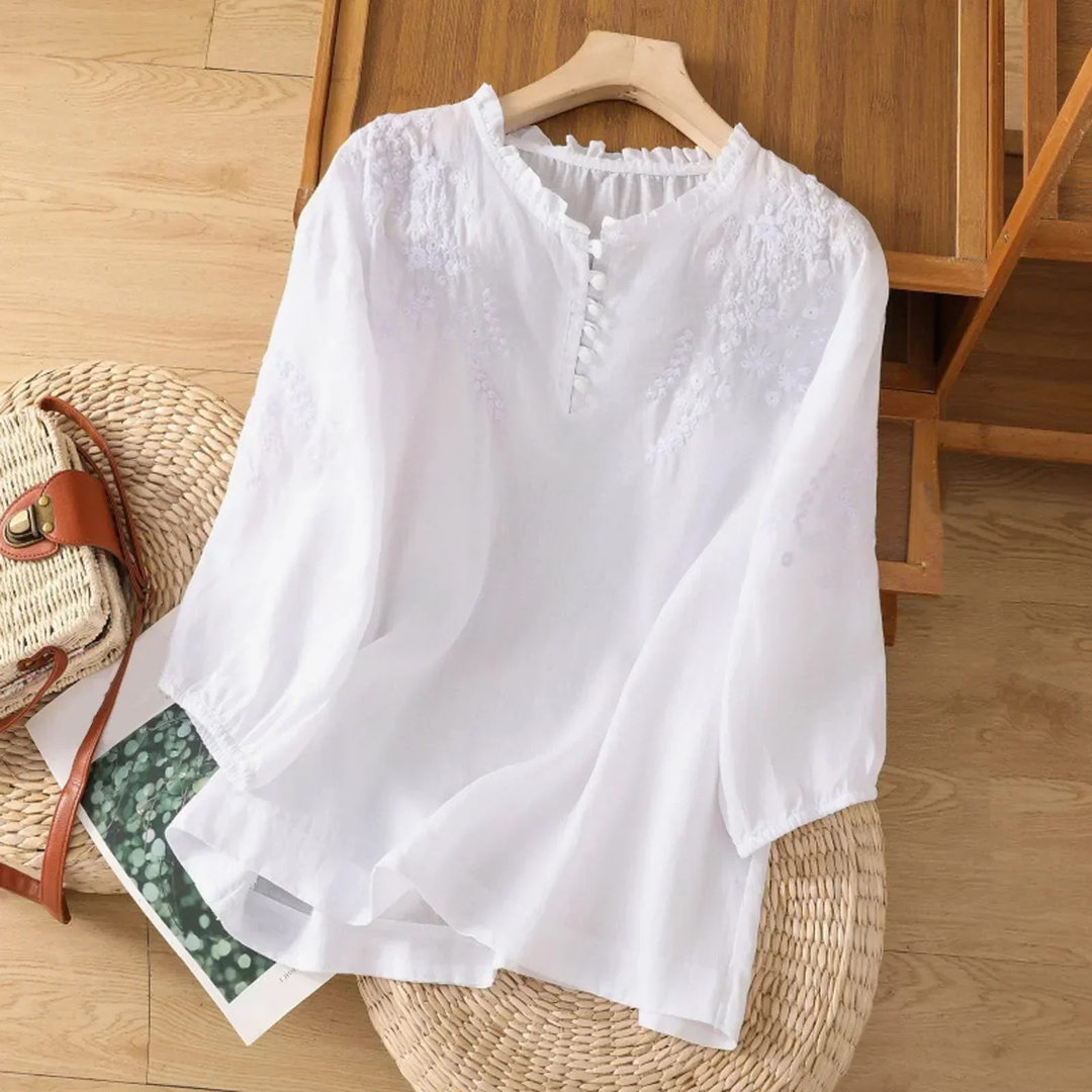 Rosalind | Women's Cotton Ruffle-Neck Button-Loop Relaxed Blouse