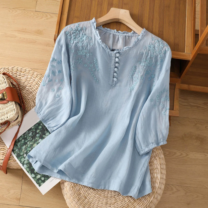 Rosalind | Women's Cotton Ruffle-Neck Button-Loop Relaxed Blouse