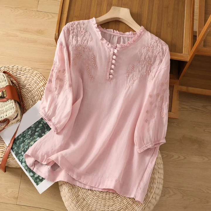 Rosalind | Women's Cotton Ruffle-Neck Button-Loop Relaxed Blouse