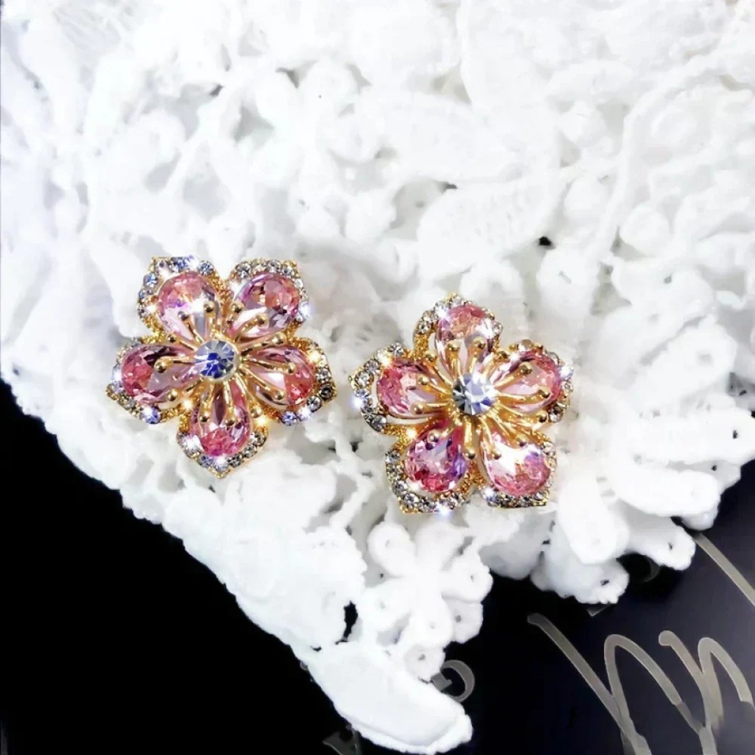 Rosalind | Women's Cubic Zirconia Pink Floral Stud Earrings