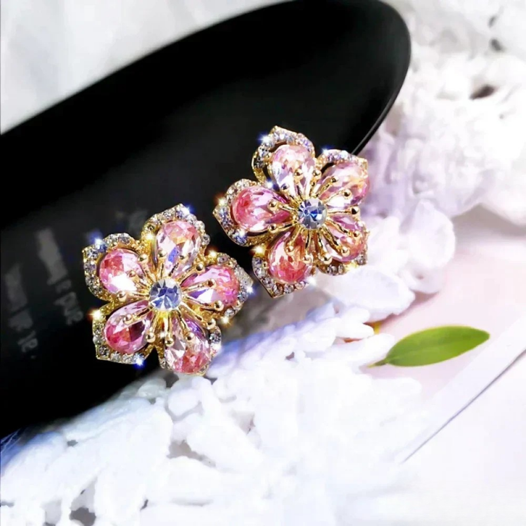 Rosalind | Women's Cubic Zirconia Pink Floral Stud Earrings