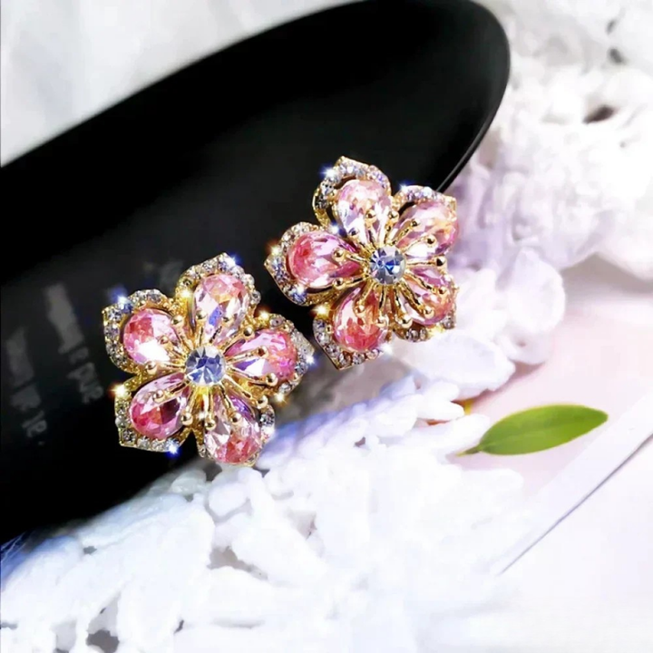 Rosalind | Women's Cubic Zirconia Pink Floral Stud Earrings