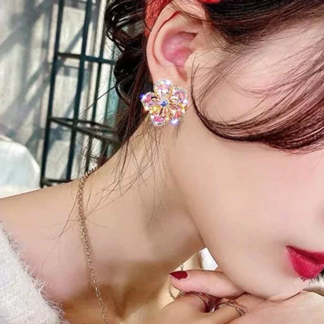 Rosalind | Women's Cubic Zirconia Pink Floral Stud Earrings