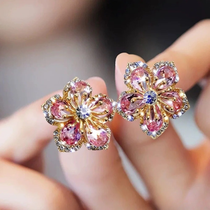 Rosalind | Women's Cubic Zirconia Pink Floral Stud Earrings