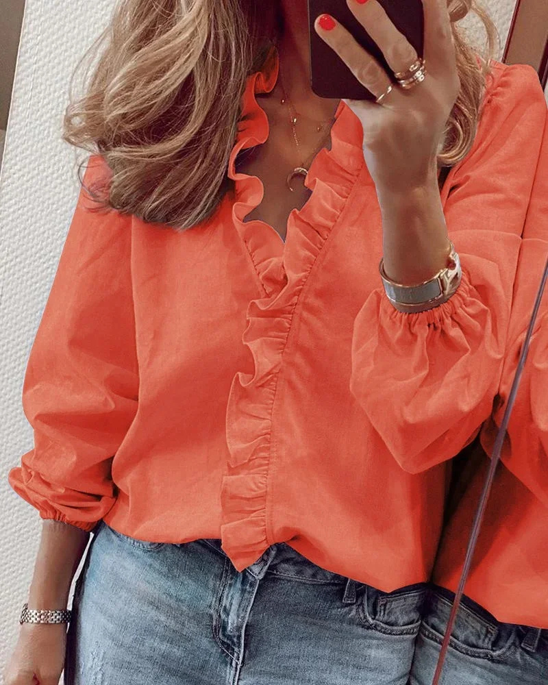 Rosie | Women's Cotton Ruffle V-Neck Long Sleeve Blouse