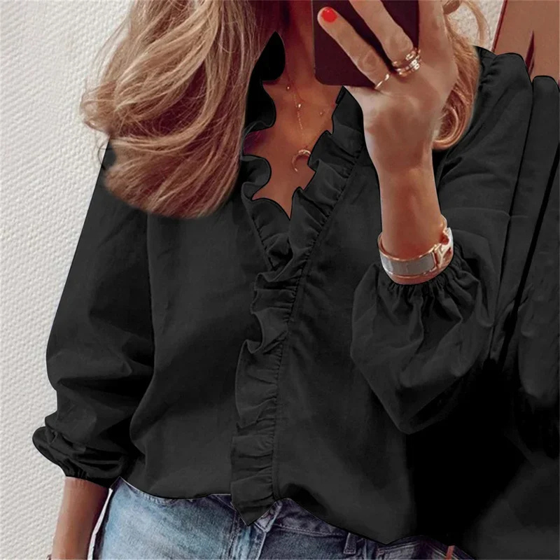 Rosie | Women's Cotton Ruffle V-Neck Long Sleeve Blouse