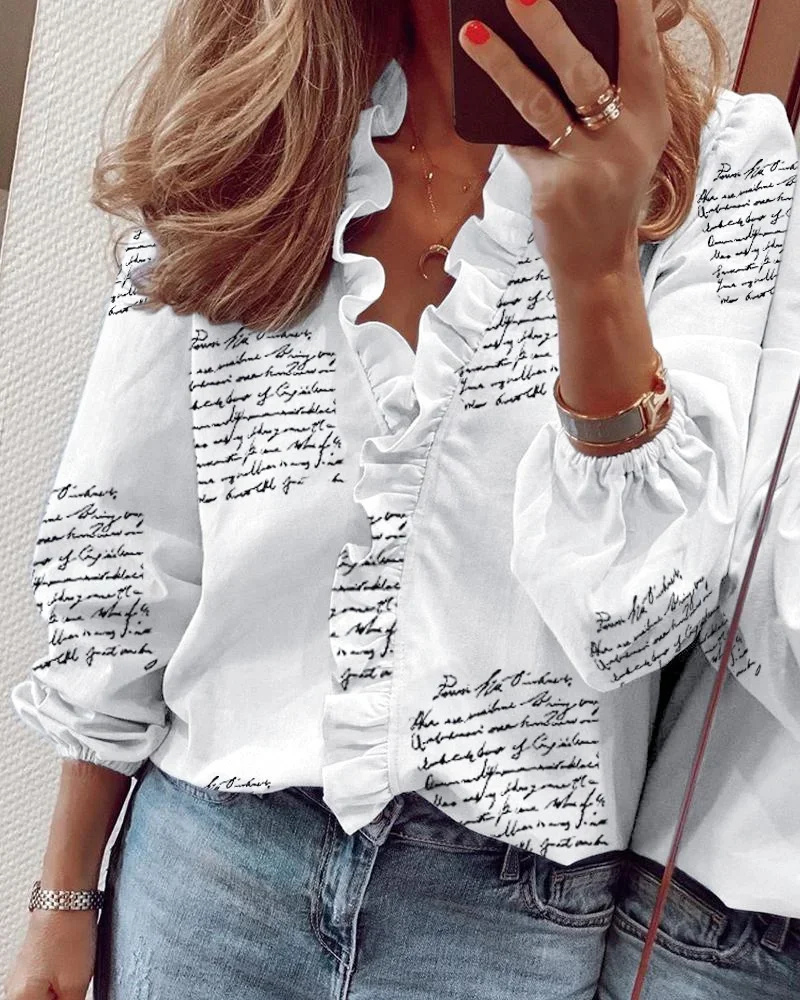 Rosie | Women's Cotton Ruffle V-Neck Long Sleeve Blouse
