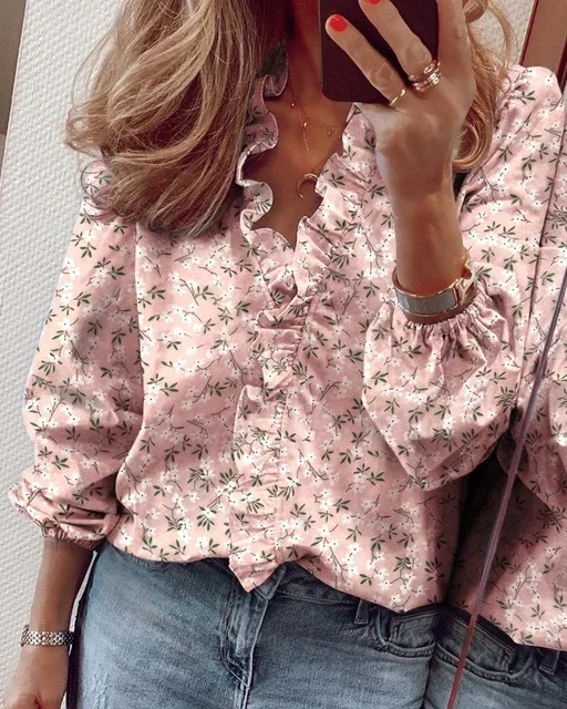 Rosie | Women's Cotton Ruffle V-Neck Long-Sleeve Relaxed Blouse