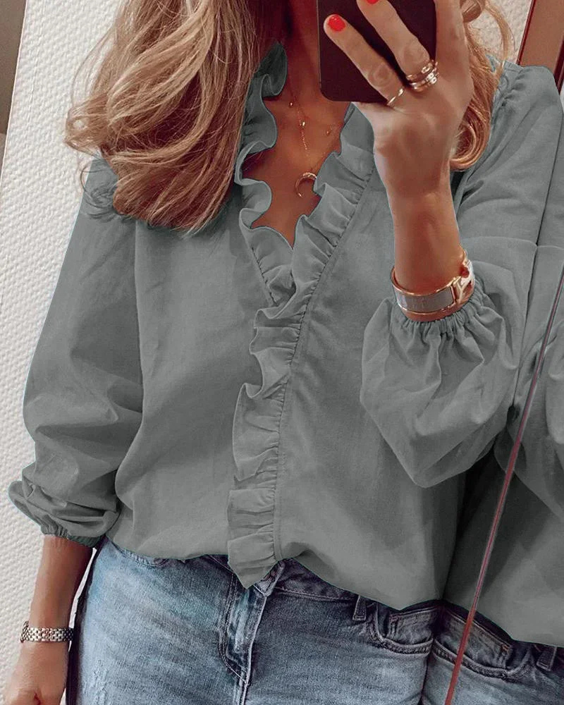 Rosie | Women's Cotton Ruffle V-Neck Long-Sleeve Relaxed Blouse