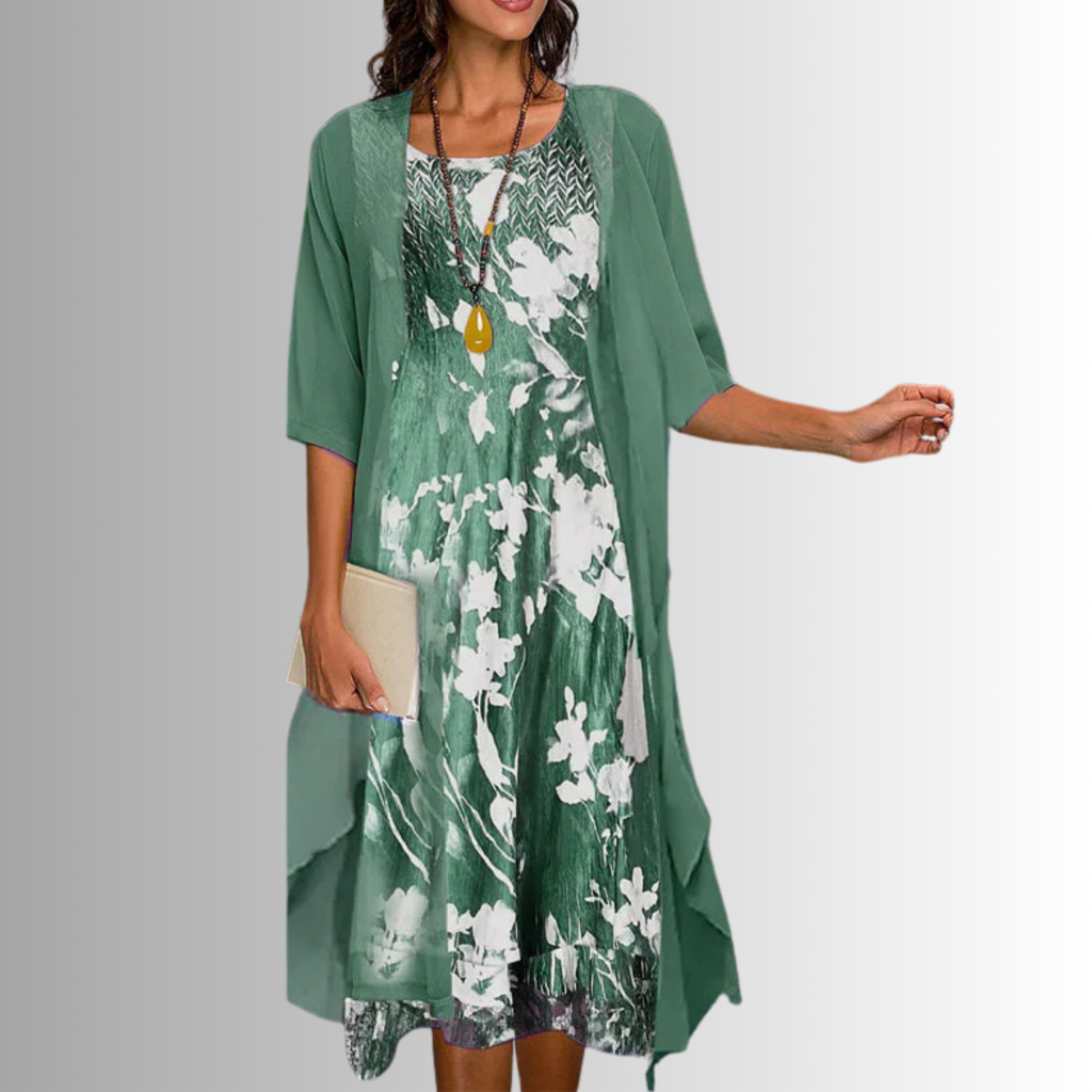 Roslyn | Women's Chiffon Floral Print Cardigan Midi Dress Set