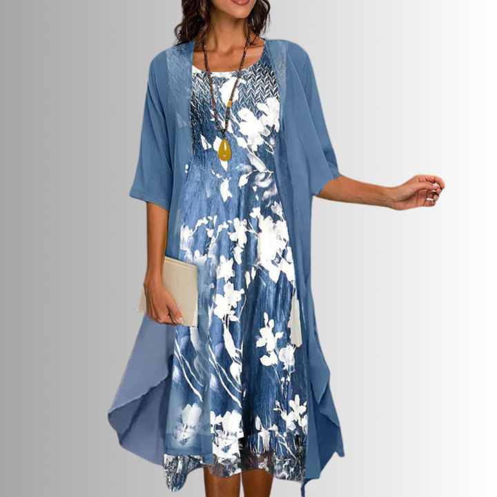 Roslyn | Women's Chiffon Floral Print Cardigan Midi Dress Set