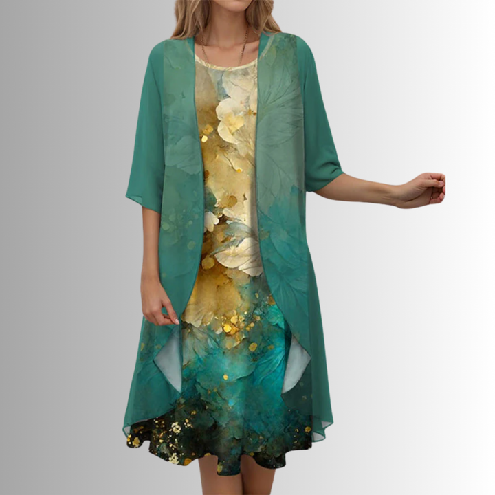 Roslyn | Women's Chiffon Floral Print Cardigan Midi Dress Set