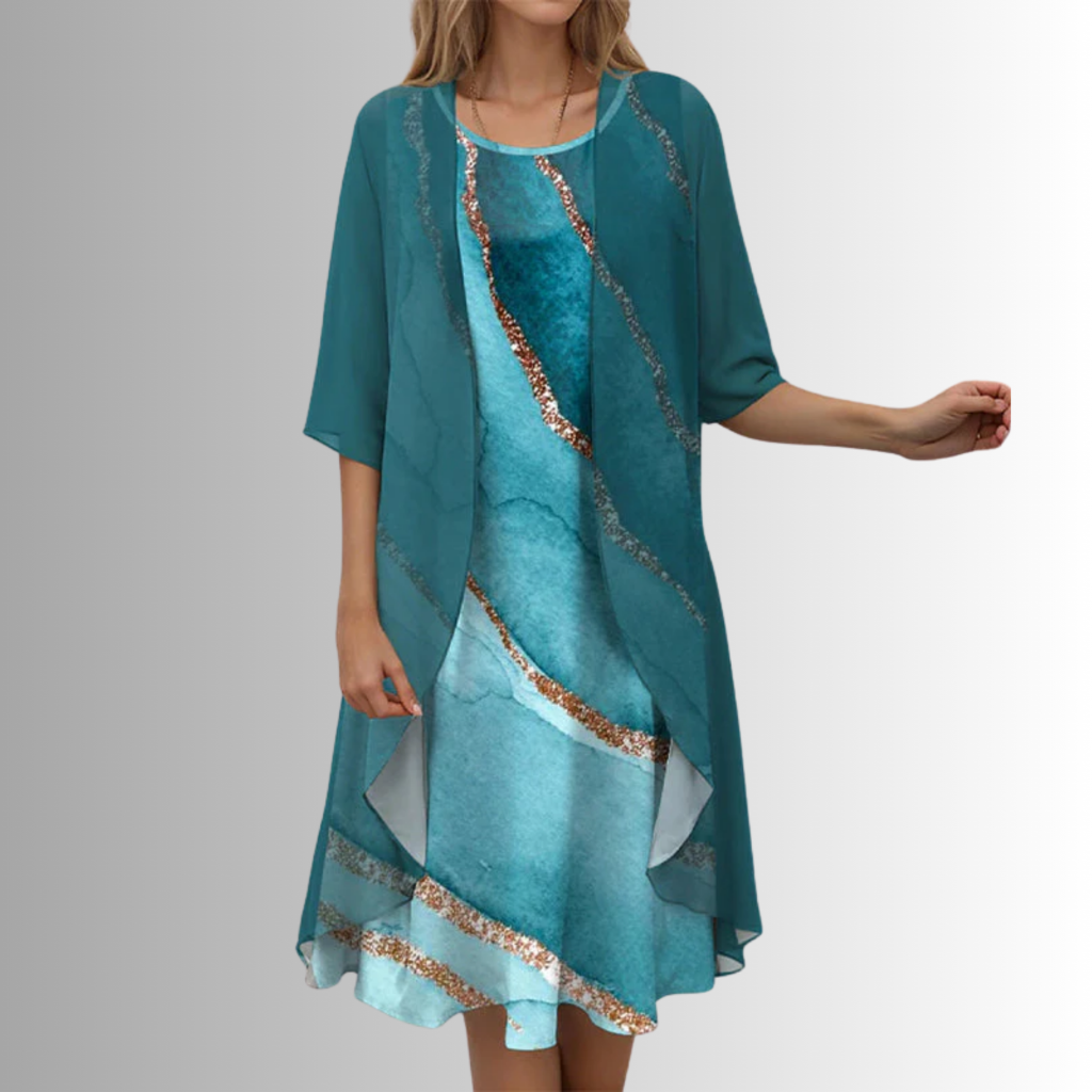 Roslyn | Women's Chiffon Floral Print Two-Piece Cardigan & Midi Dress Set