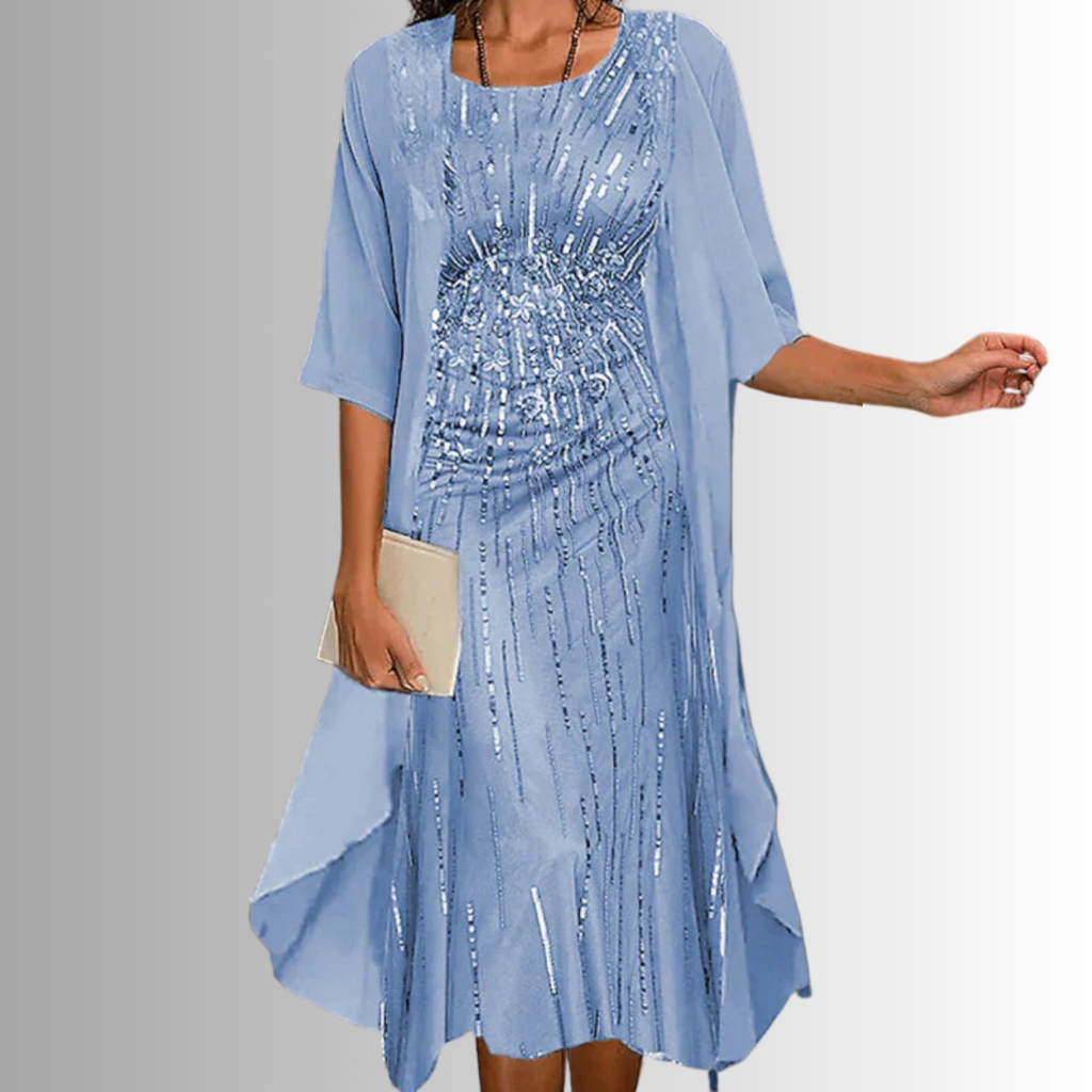 Roslyn | Women's Chiffon Floral Print Two-Piece Cardigan & Midi Dress Set