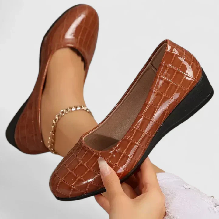 Roxie | Women's Leather Croc-Embossed Round Toe Wedge Slip-On Shoes