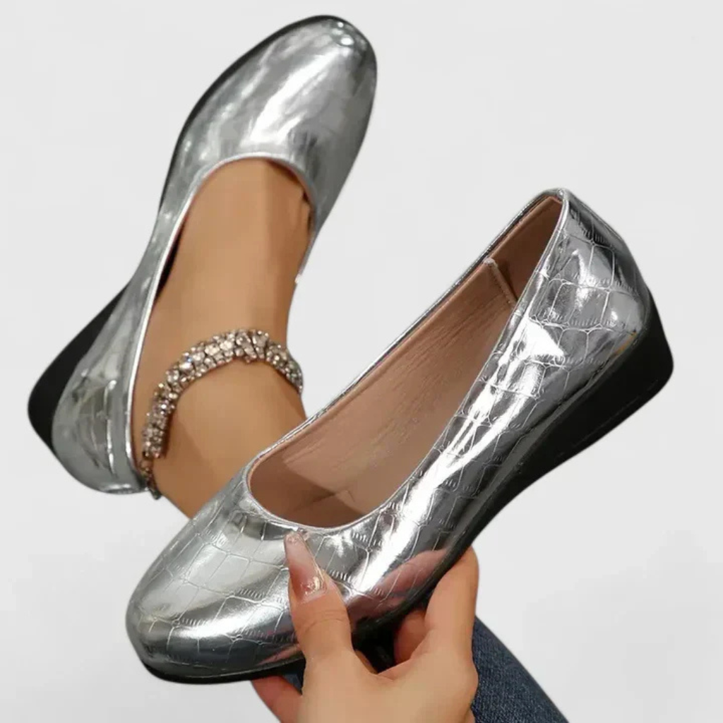 Roxie | Women's Leather Croc-Embossed Round Toe Wedge Slip-On Shoes