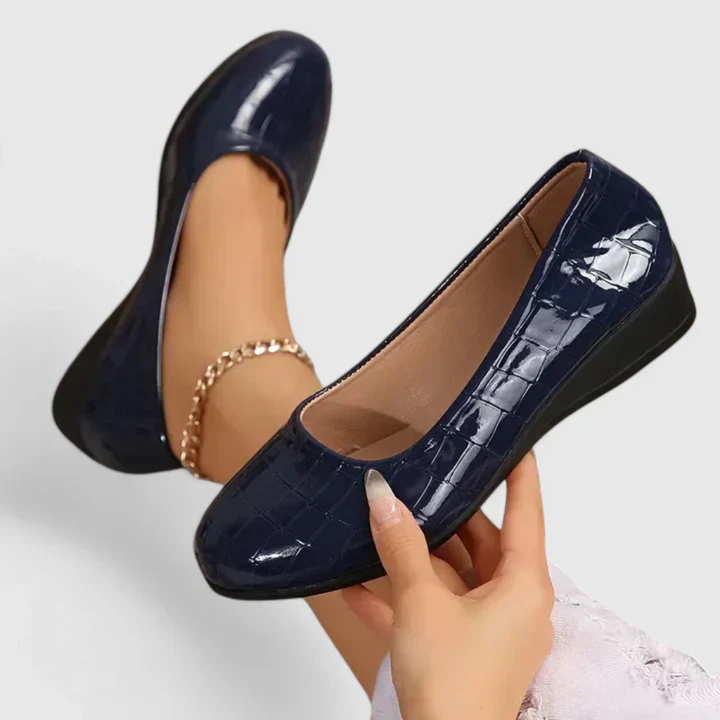 Roxie | Women's Leather Croc-Embossed Round Toe Wedge Slip-On Shoes