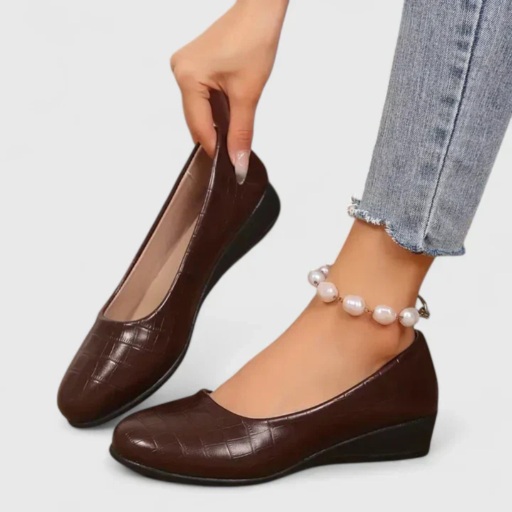 Roxie | Women's Leather Croc-Embossed Round Toe Wedge Slip-On Shoes