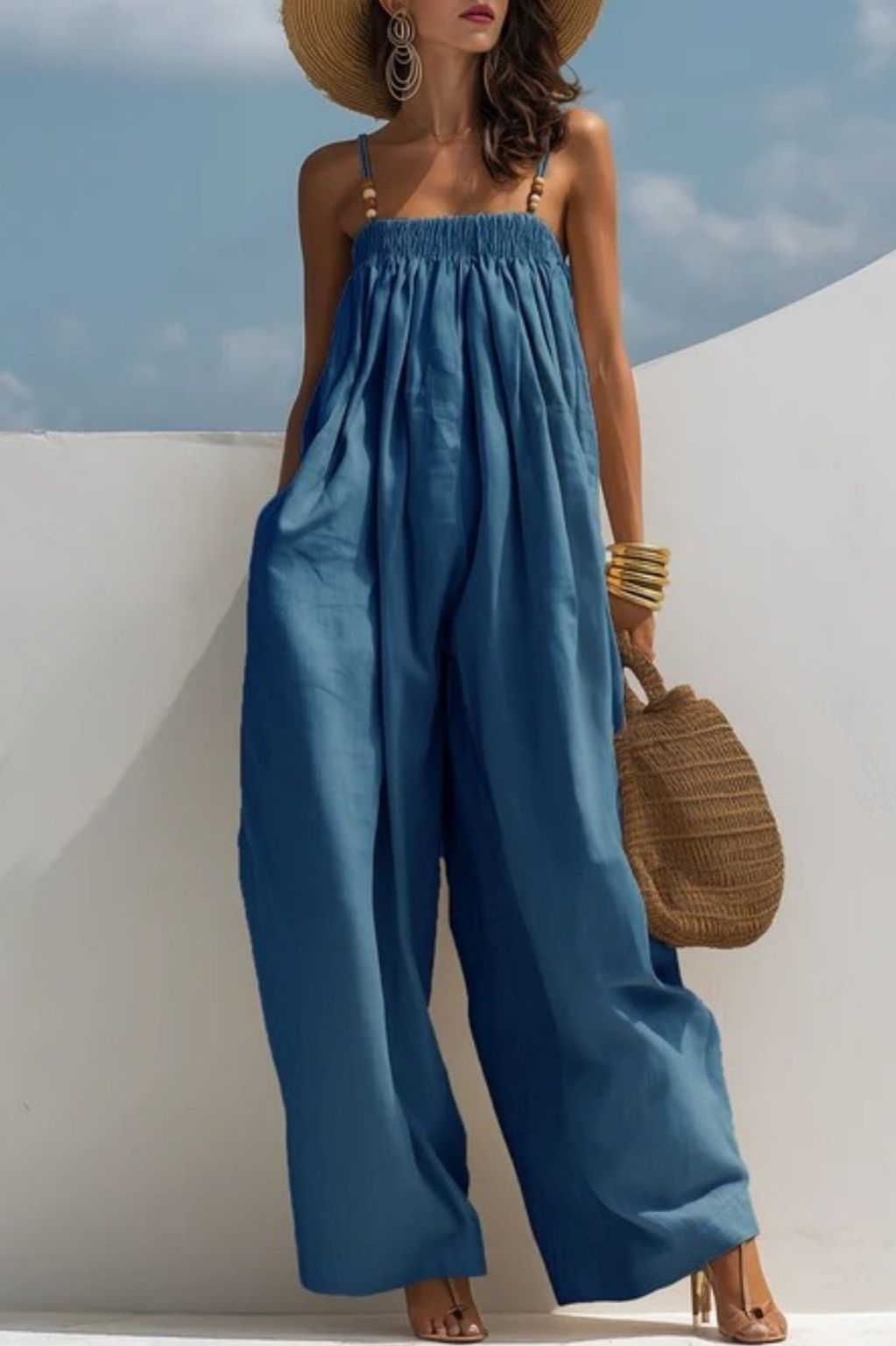 Rue | Women's Denim Smocked Wide-Leg Jumpsuit