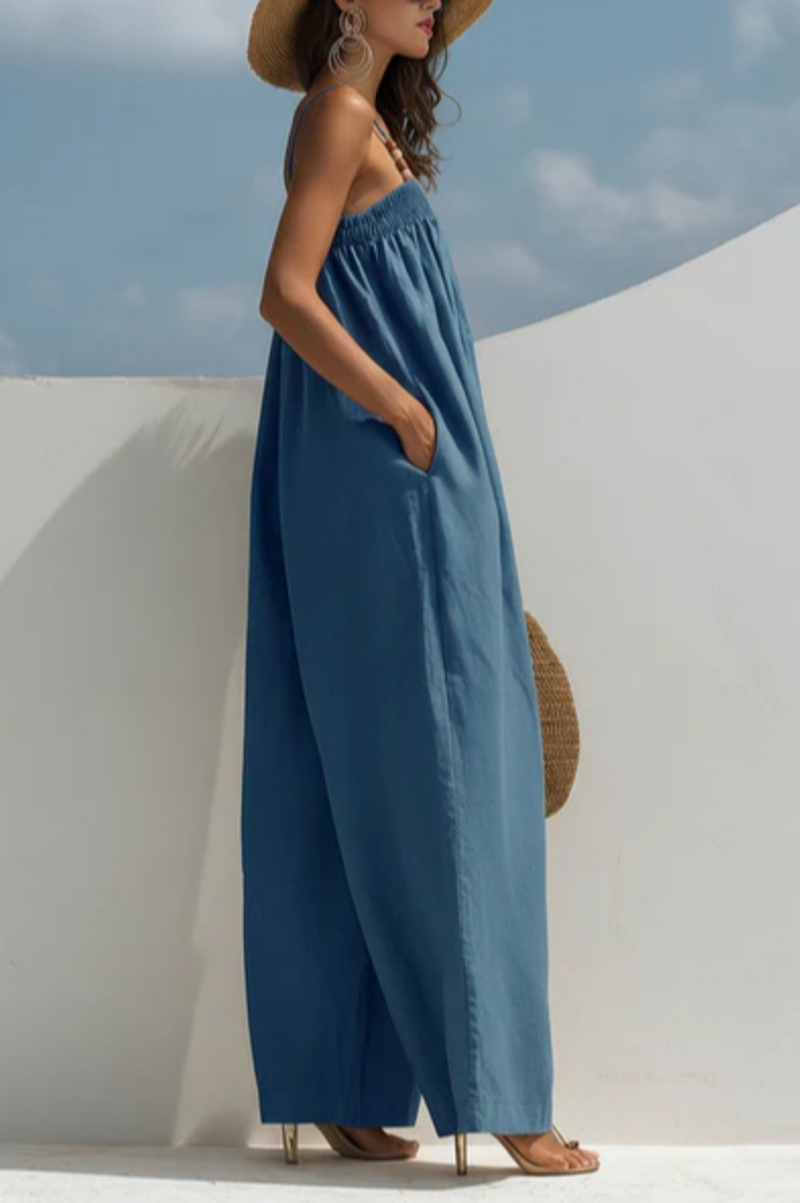 Rue | Women's Denim Smocked Wide-Leg Jumpsuit