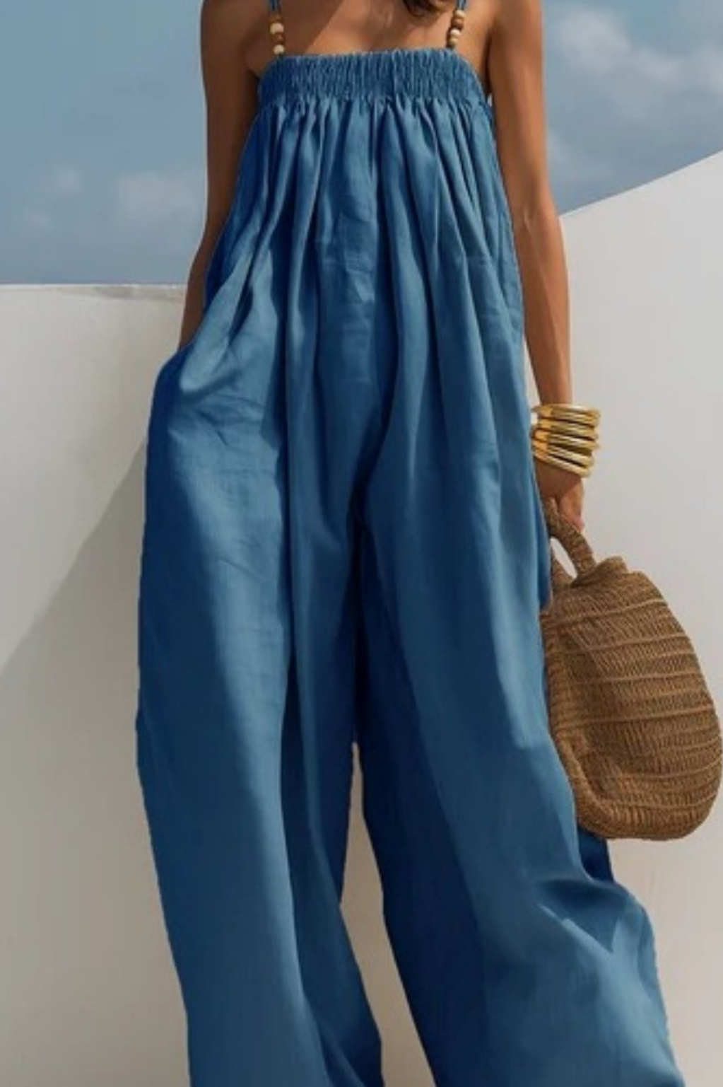 Rue | Women's Denim Smocked Wide-Leg Jumpsuit