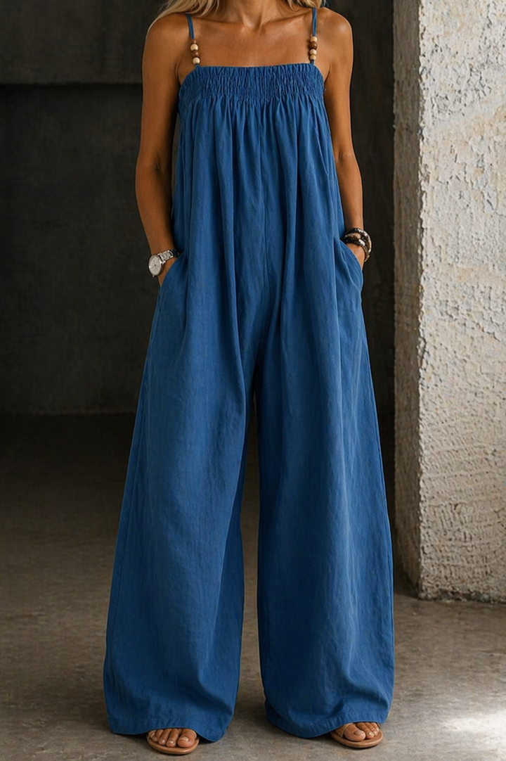 Rue | Women's Denim Smocked Wide-Leg Jumpsuit