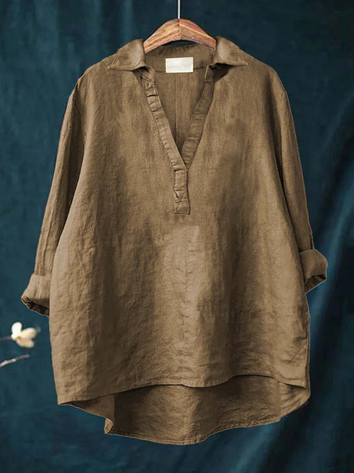 Rue | Women's Linen V-Neck Collared Oversized Tunic Blouse