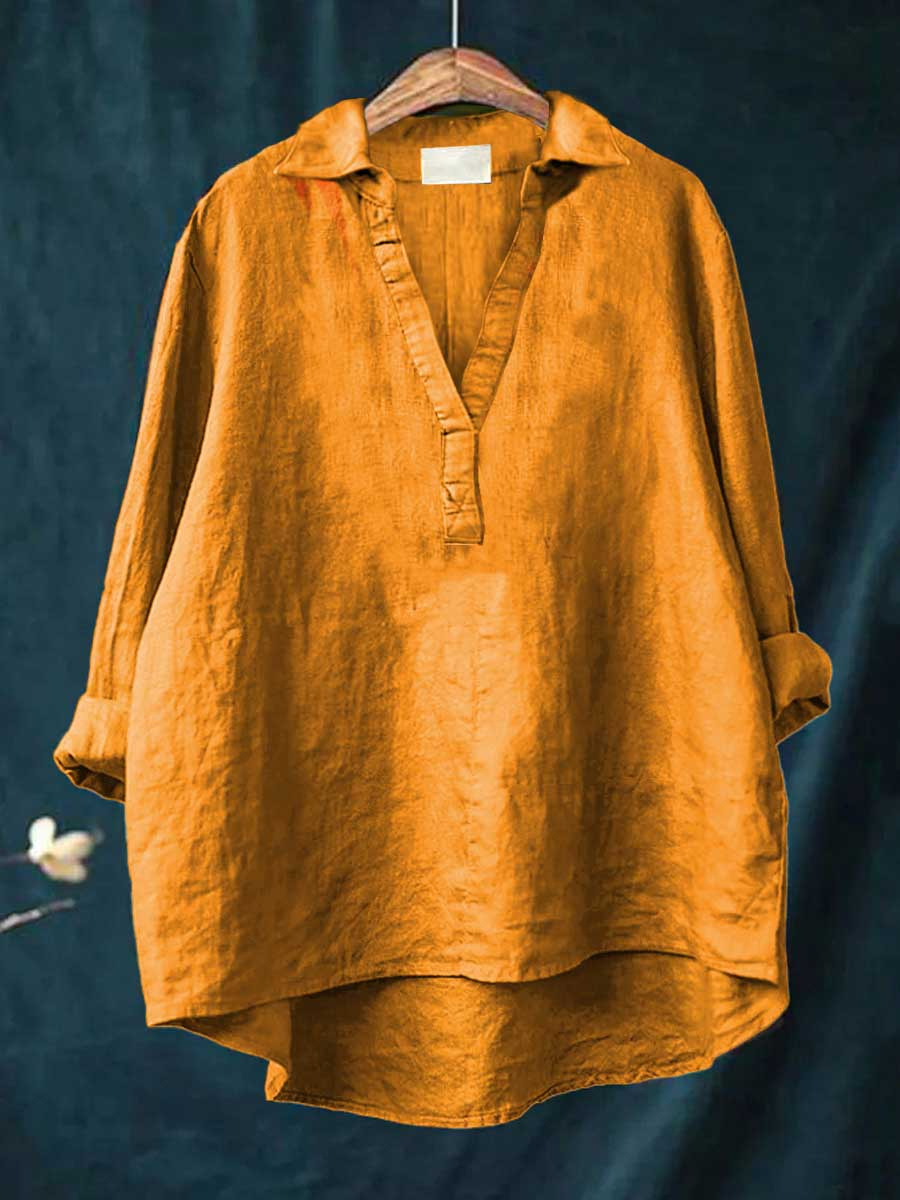 Rue | Women's Linen V-Neck Collared Oversized Tunic Blouse