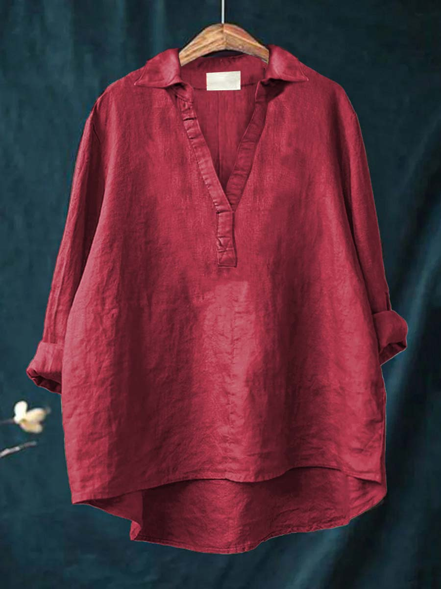 Rue | Women's Linen V-Neck Collared Oversized Tunic Blouse