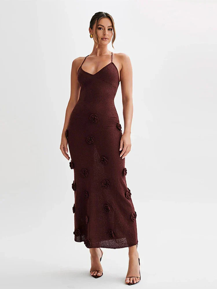 Mireille - Deep-V Neck Flower Bodycon Dress