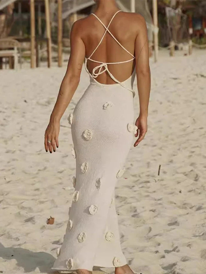 Mireille - Deep-V Neck Flower Bodycon Dress