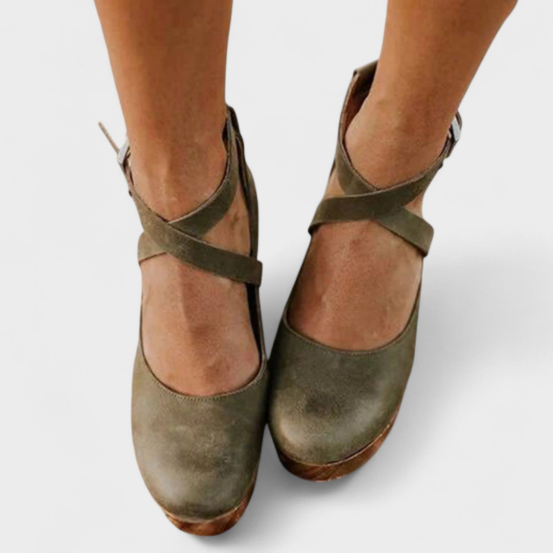 Sable | Women's Leather Buckle Cross-Strap Block Heels