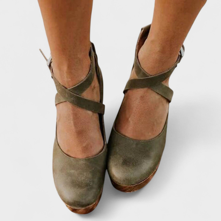 Sable | Women's Leather Buckle Cross-Strap Block Heels